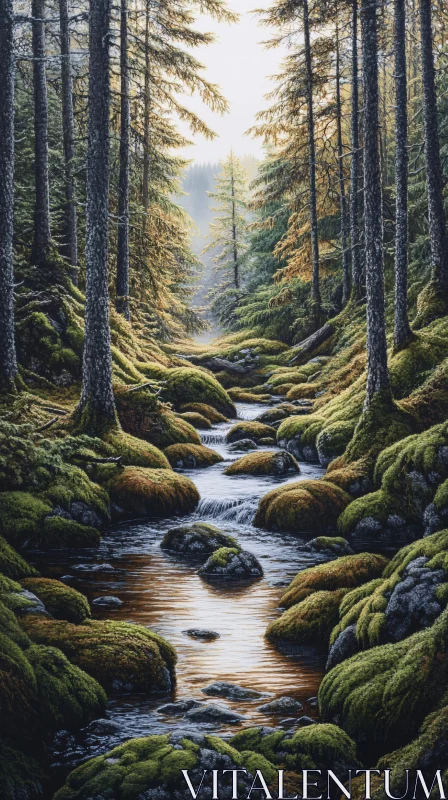 AI ART Tranquil Forest Scene with Flowing Stream