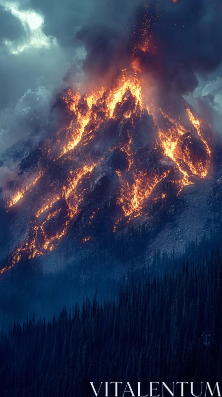 AI ART Mountain Ablaze with Volcanic Fire Amidst a Misty Forest