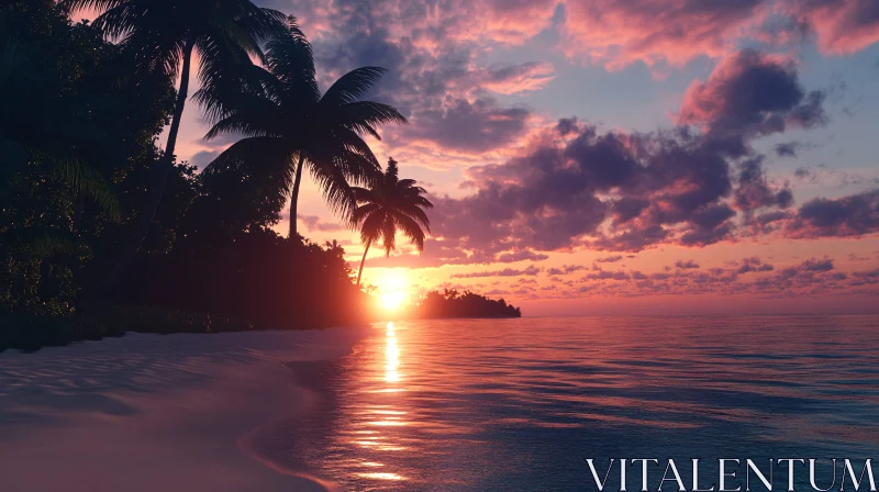 Beach Sunset with Palm Trees by the Ocean AI Image