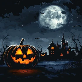 Eerie Halloween Landscape with Full Moon and Haunted Mansion