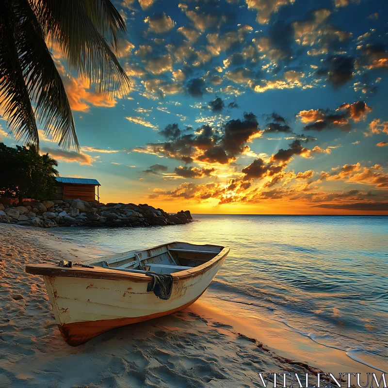 Tranquil Sunset on Beach with Boat AI Image