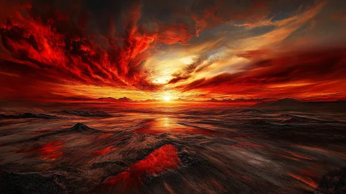 Intense Red Sunset Over Barren Land