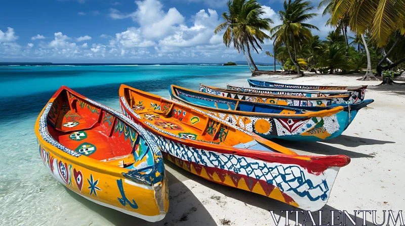 Vivid Wooden Boats on Sandy Shore with Palm Trees AI Image