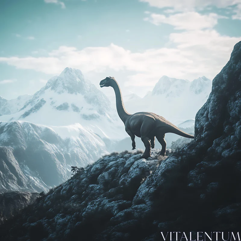 Dinosaur on Rocky Cliff in Snowy Mountain Landscape AI Image