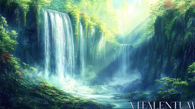 AI ART Mystical Sunlit Waterfalls