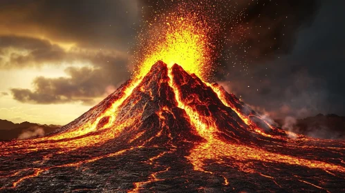 Molten Lava Flowing from an Erupting Volcano