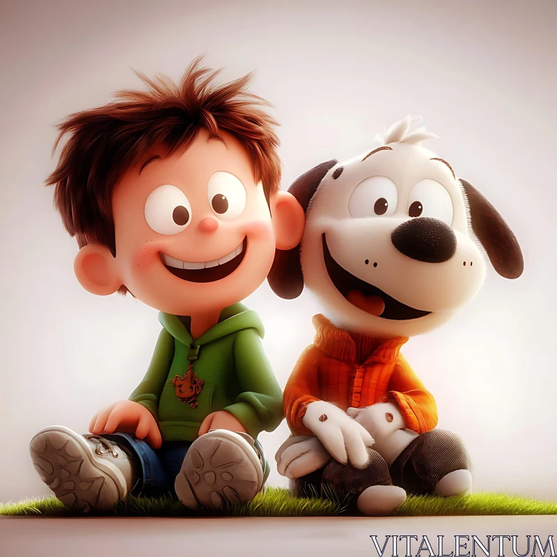 Happy Cartoon Child and Pet Dog Sitting Together AI Image