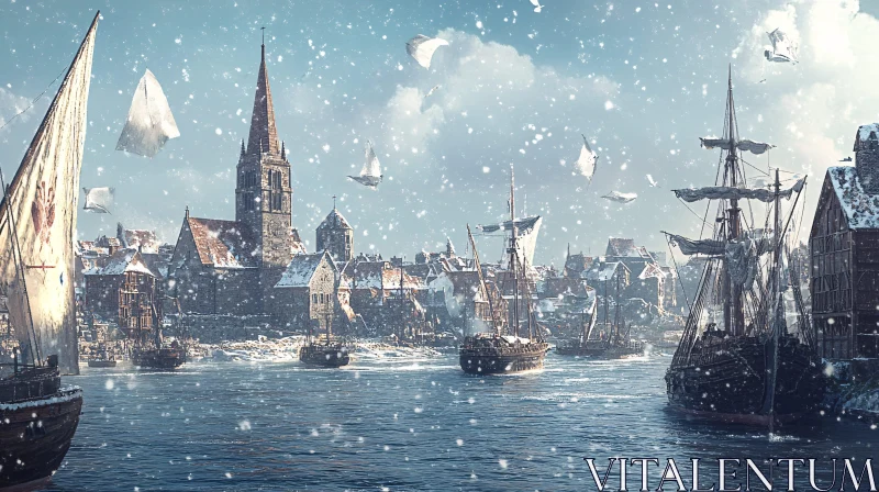 Historic Winter Port Town with Ships AI Image