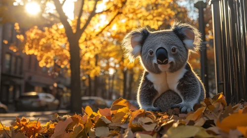 Urban Koala in Fall Scene