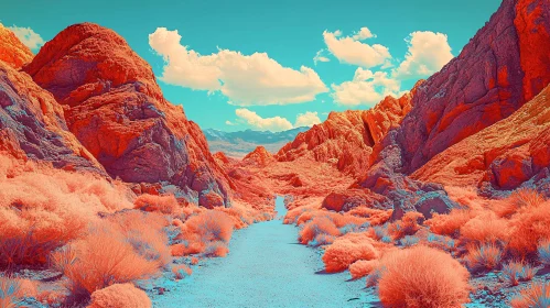 Colorful Desert Scene with Path and Mountains