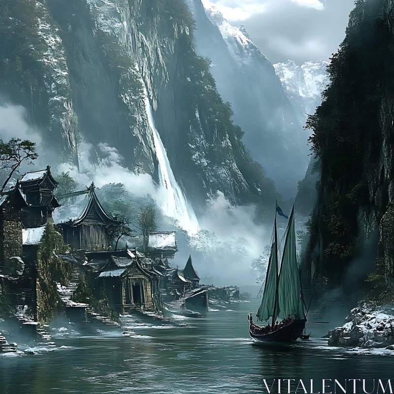 Serene River Village with Majestic Waterfall AI Image