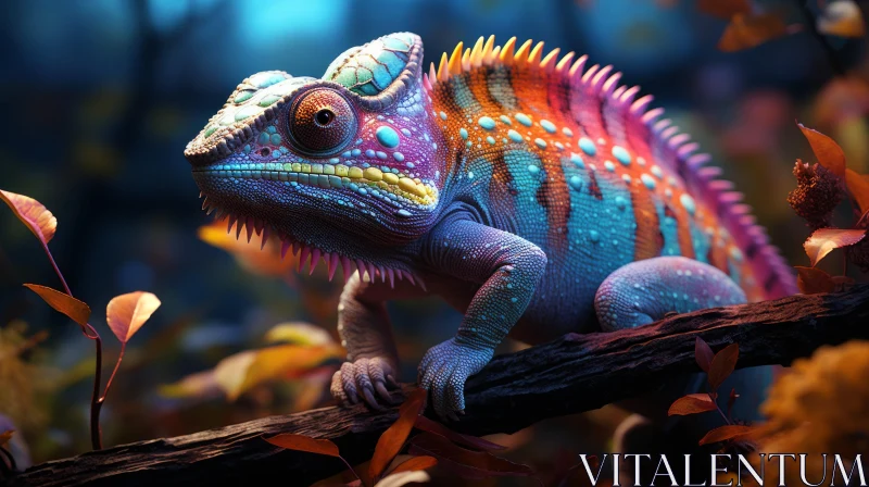 Colorful Chameleon on Log: An Intricate Portrait in a Forest Setting AI Image