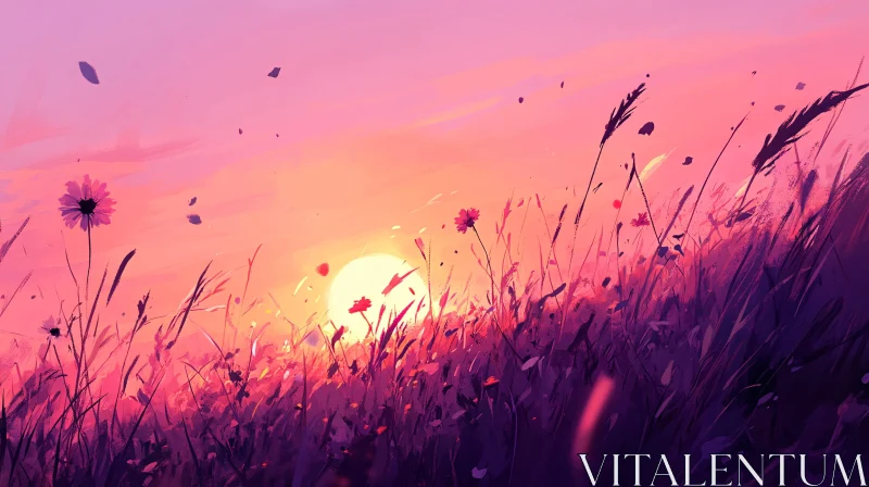 Beautiful Sunset in a Flower Field AI Image