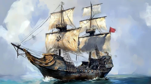 Historical Pirate Ship with Skull and Crossbones Sails