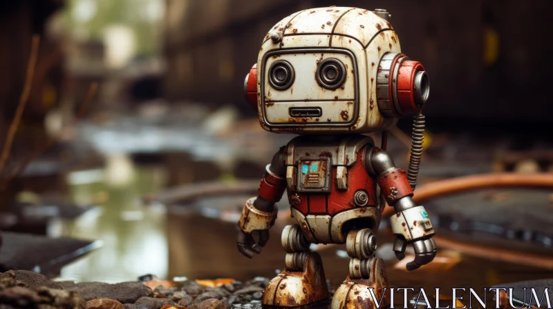 Petite Robot in Puddle: An Intersection of Street Art, Dieselpunk, and Comiccore AI Image