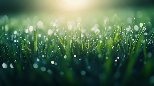 Close-Up of Dewy Grass with Sunlight