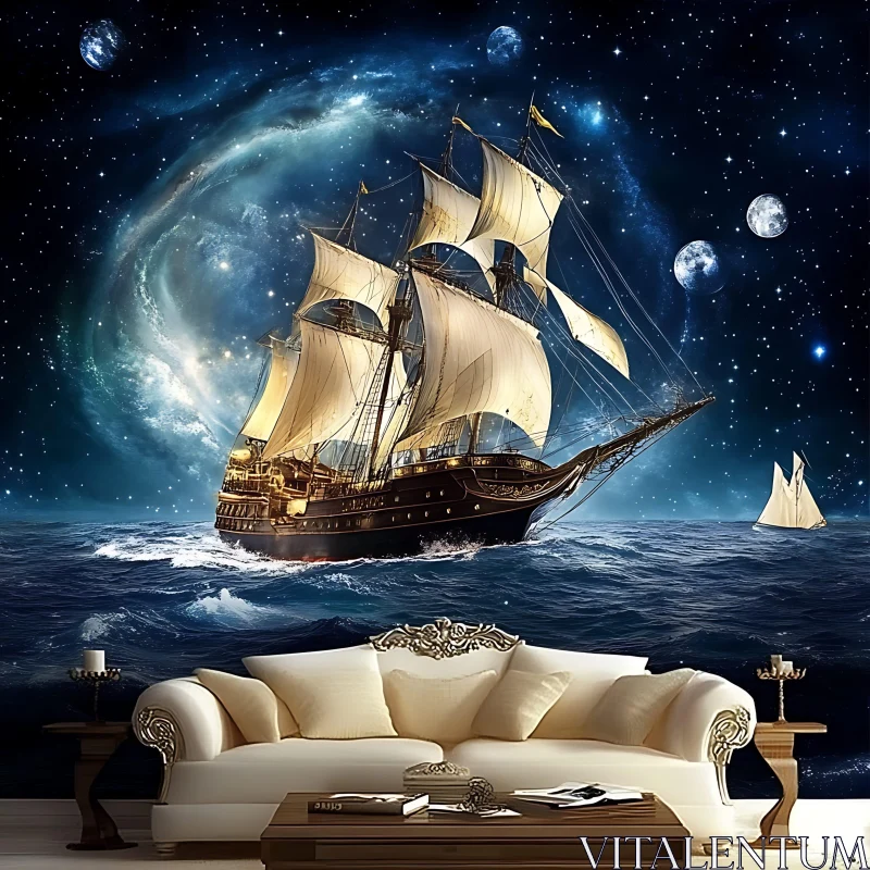 Fantasy Sailing Ship in Ethereal Night AI Image