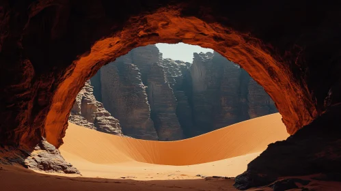 Cave View Over Sand Dunes in Desert