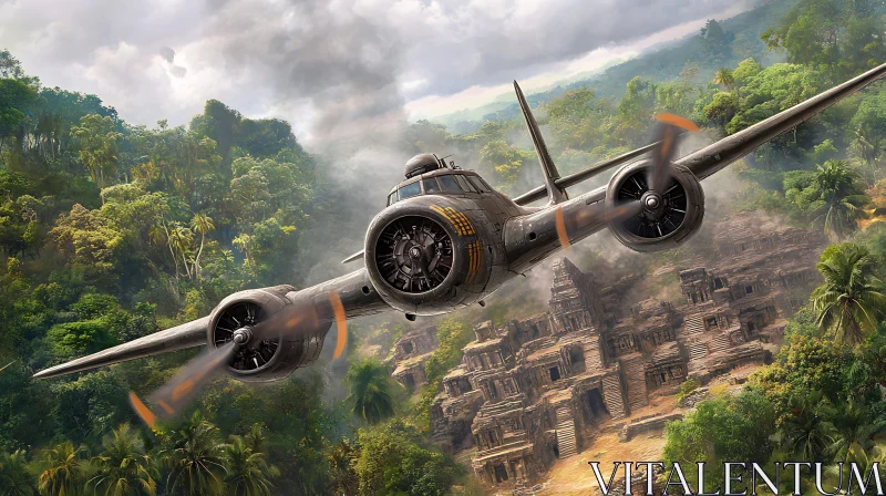 Retro Aircraft in Scenic Jungle Flight AI Image