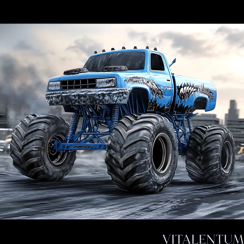 AI ART Colossal Blue Monster Truck in Urban Setting