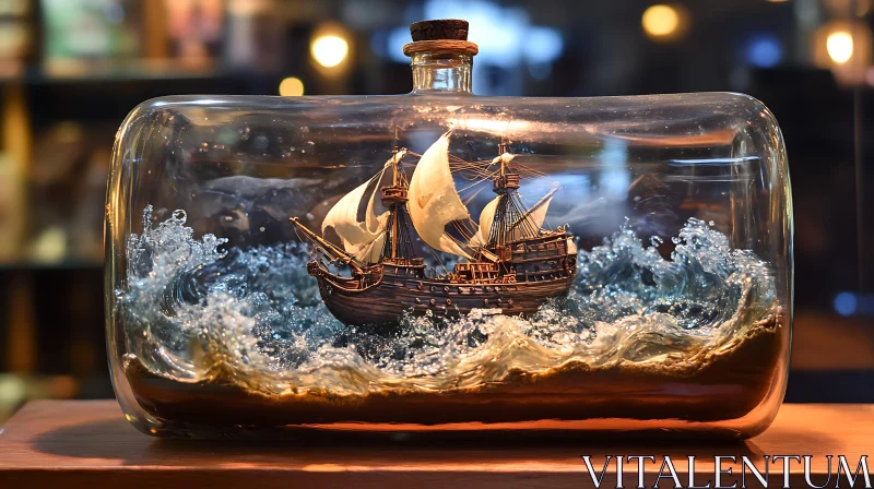 Miniature Ship Sailing in a Glass Bottle AI Image