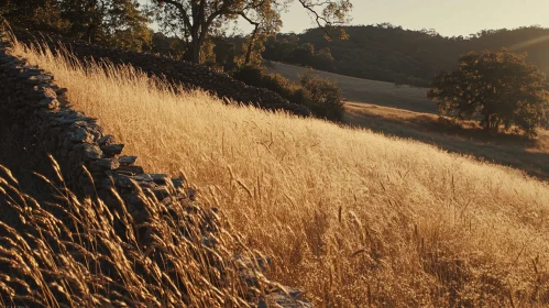 Sunset Over Golden Meadow with Stone Wall