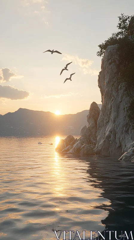 Golden Sunsetting Behind Mountains and Sea Cliffs AI Image