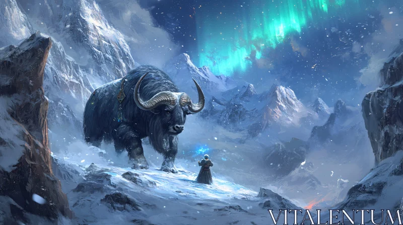 Epic Fantasy Journey Amidst Snow-Clad Peaks and Northern Lights AI Image