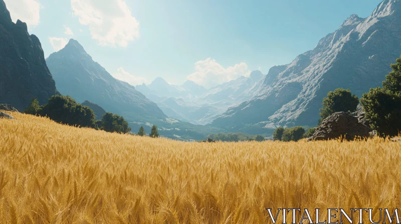 AI ART Scenic Wheat Field with Mountainous Backdrop