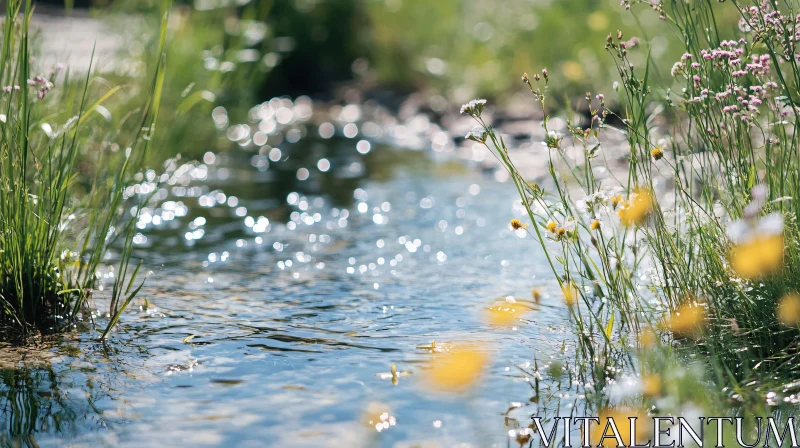 Peaceful Meadow Stream with Colorful Wildflowers AI Image