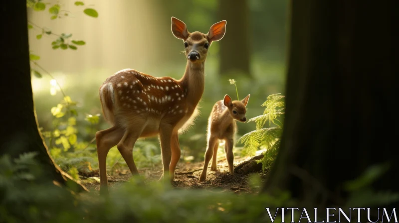 Mother Deer and Cub in Sunlit Forest - A Moment of Natural Magic AI Image