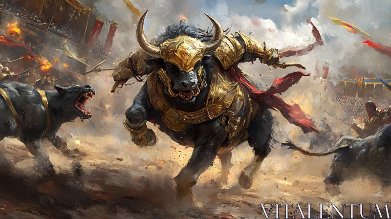 Ferocious Armored Bull in Fiery Arena AI Image