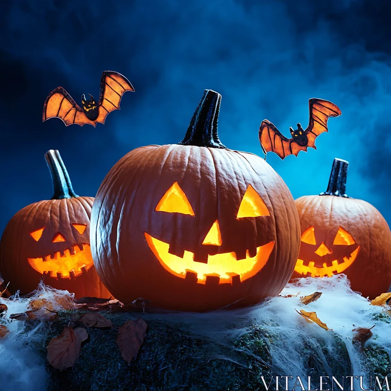 Eerie Pumpkin Trio Under Moonlit Sky AI Image