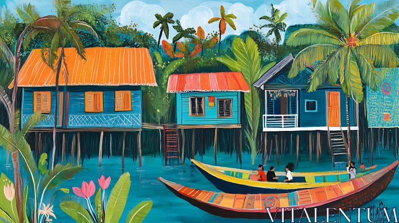 Colorful Tropical Village Landscape with Stilt Houses AI Image