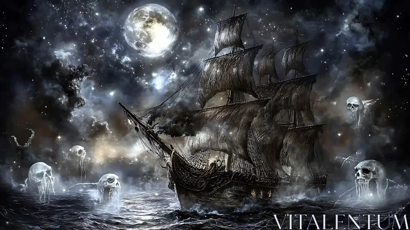 Haunted Ship in Moonlit Ocean with Ghostly Skulls AI Image