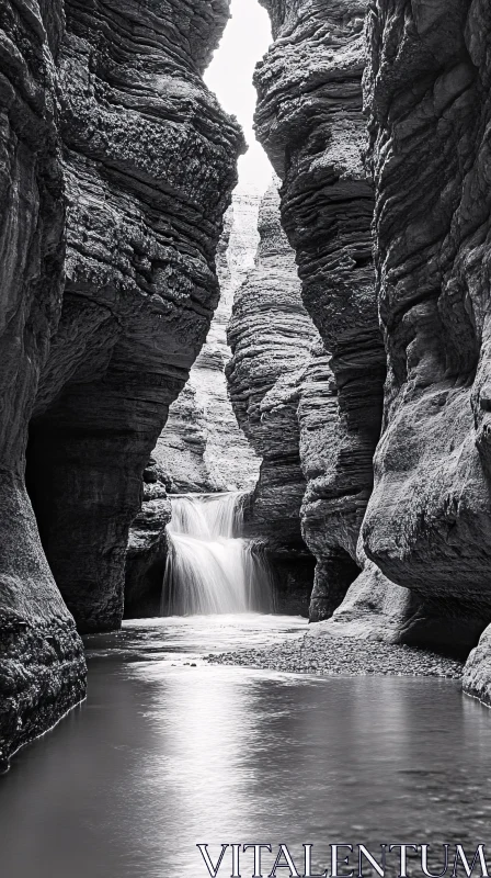 AI ART Monochrome Canyon Waterfall Serenity