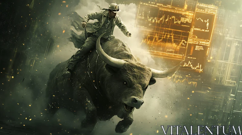 Bull Riding Trader in a Financial Market Scene AI Image