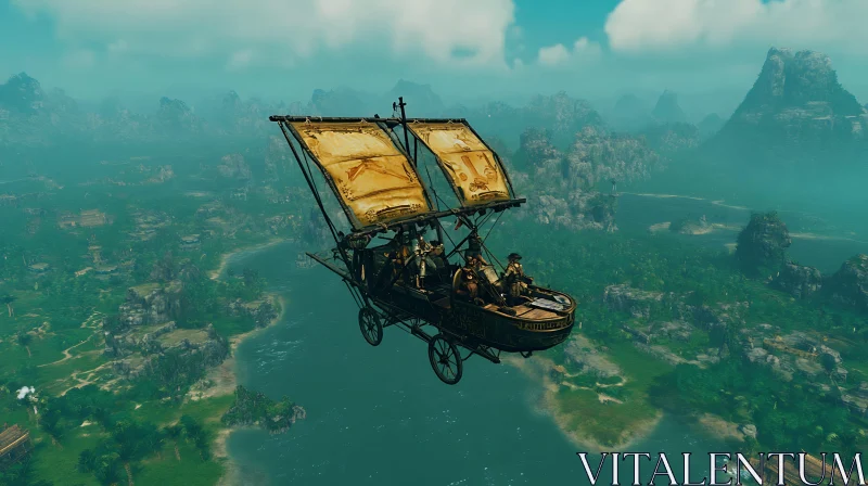 Aerial View of Steampunk Airship in Scenic Terrain AI Image