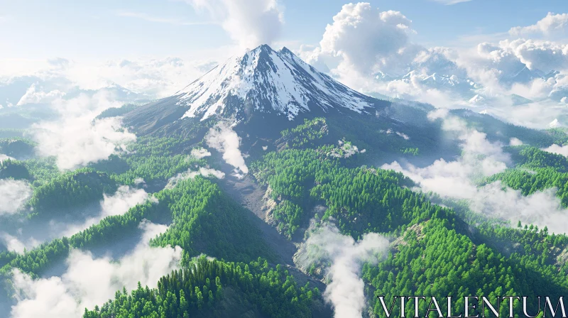 AI ART Snow-Capped Mountain with Green Forests and Clouds