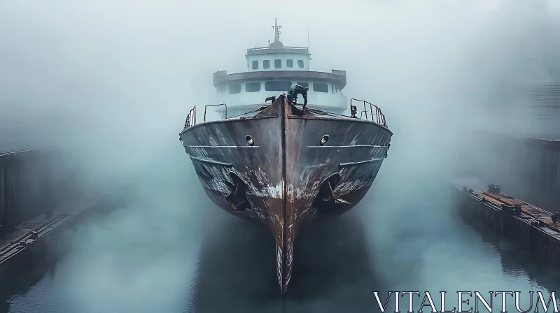 Rusting Vessel Amidst Dense Foggy Atmosphere AI Image