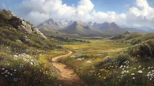 Idyllic Mountain Valley with Pathway and Flowers