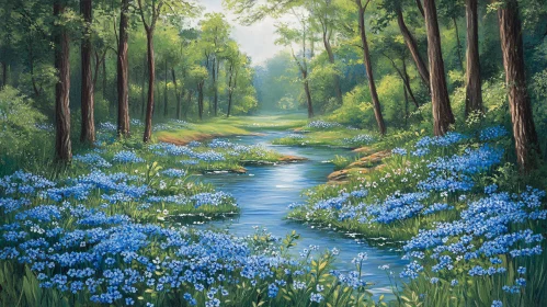 Tranquil Forest Landscape with Blue Wildflowers