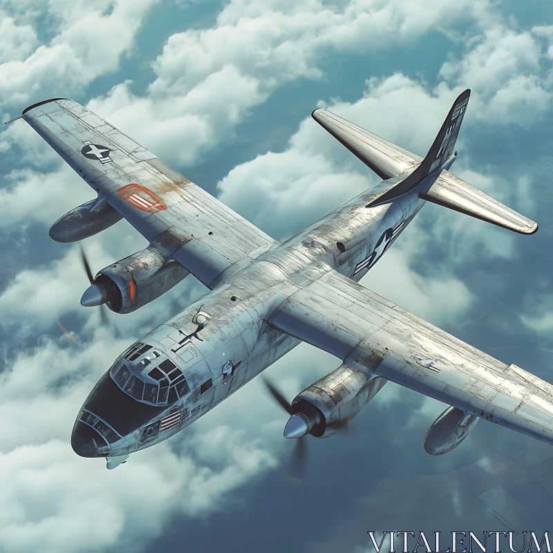 Historic Aircraft in Flight Over Cloudscape AI Image