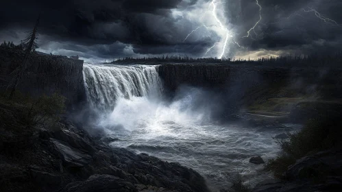 Epic Waterfall Amidst a Thunderstorm