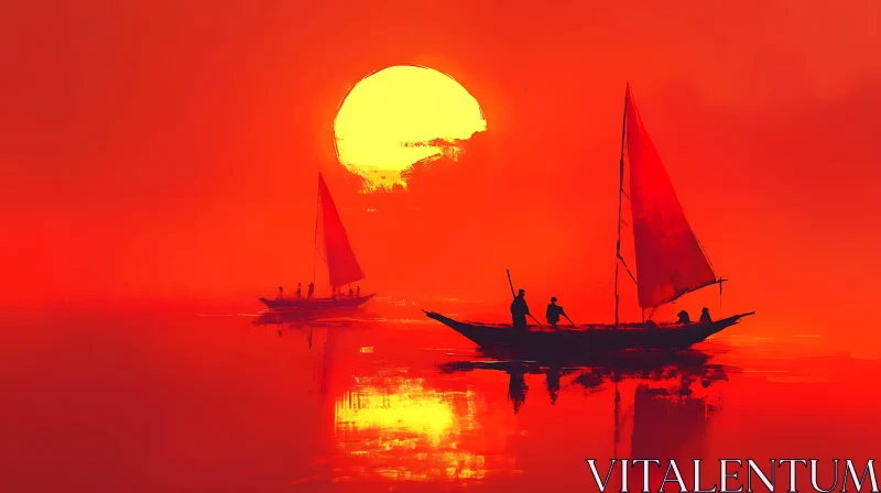 Boats Silhouetted Against a Sunset Sky AI Image