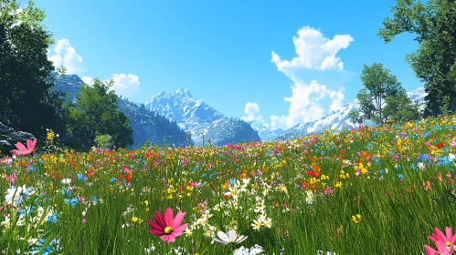 Vibrant Flower Field with Stunning Mountain View