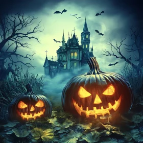 Haunting Halloween Night with Pumpkins and Bats