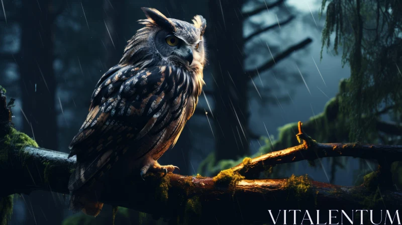 Mystic Owl on Branch: An Epic Fantasy Rain Scene AI Image