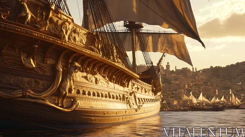 Ornate Sailing Vessel at Golden Hour AI Image