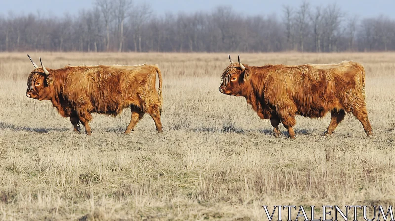 Shaggy Brown Highland Cows Grazing AI Image